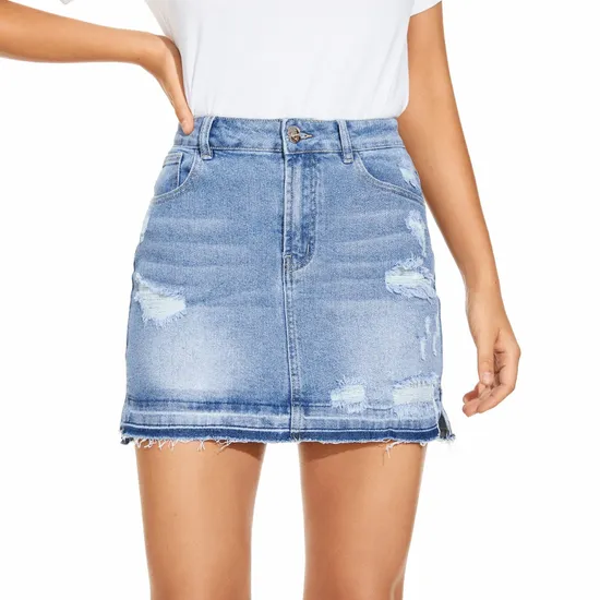 Custom Light Blue Jeans Women Ripped Shorts Design Hem Denim Ladies Skirts