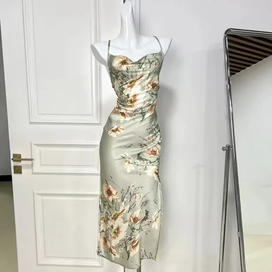 Spring Summer Women Lady Fashion Floral Sexy Silk Dress Collection Garment Clothing Custom Clothes Apparel Design Brand Logo Digital Print Wholesales 