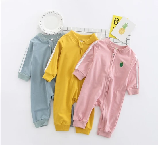 100% Cotton Baby Romper Longsleeve Zipper Open Clothes for Boy and Girls Plain Color Pajama Can Be OEM 