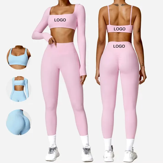 Wholesale Sports Outfit Yoga Clothes Gym Fitness Athletic Activewear Scrunch Leggings Bra Long Sleeve Workout Sets for Women 
