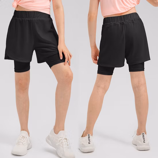 Factory New Design Quick Dry Cute Stylish 2 in 1 Athletic Shorts for Kids Girls, Customize Elastic Waist Running Sports Shorts with Pockets on Inner Liner