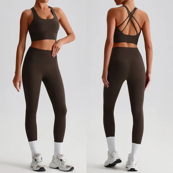 Wholesale 4 Piece Yoga Clothes for Women Cross Back Gym Bra with 3 Design High Waisted Fitness Tight Pants Matching Active Wear Set Ladies Sportswear 