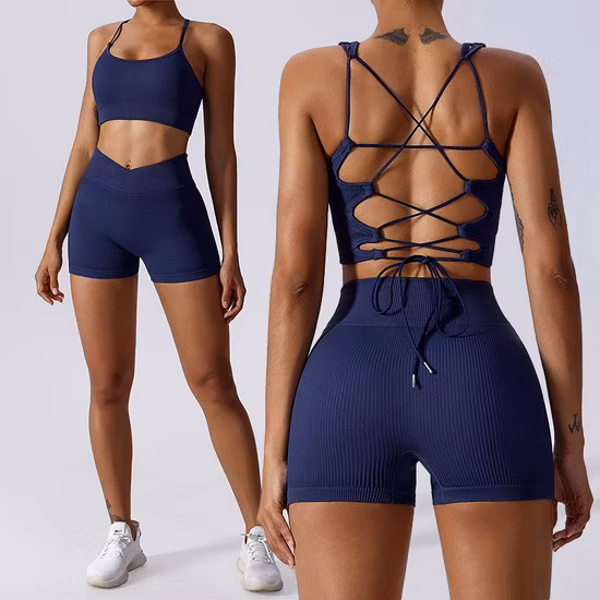 Wholesale OEM/ODM Women 2 Pieces Leggings + Bra Apparel Clothing Rib Yoga Set Gym Workout Fitness Active Sports Sets