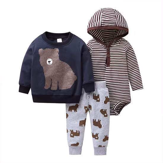 Spring Autumn 2022 Long Sleeve Long Sleeved Hooded Coat Romper Trousers Three Pieces Set Baby Boys Clothing Sets for Wholesale